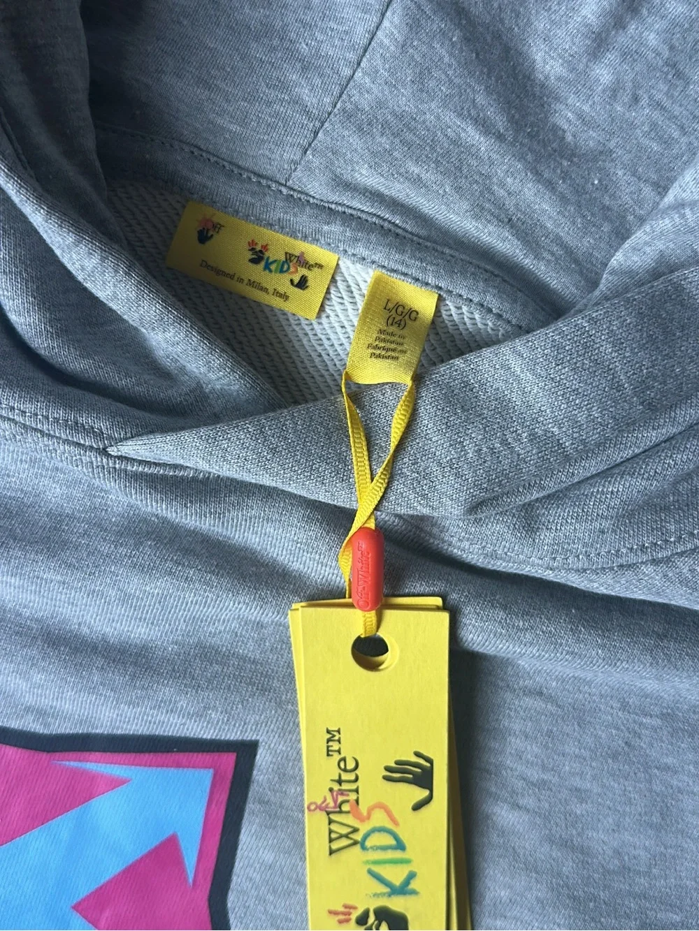 OFF-WHITE Gray Kids Hoodie with Pink-Outlined Blue Logo